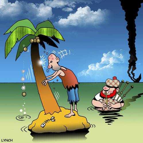 Cartoon: oh no (medium) by toons tagged desert,island,bagpipes,scotland,kilt,music,band,ship,wreck