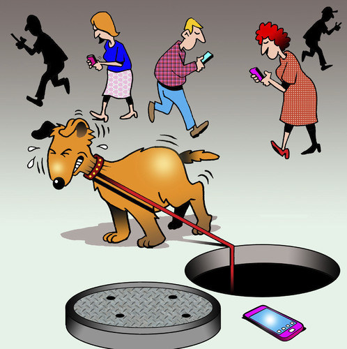 Cartoon: Oops (medium) by toons tagged texting,dog,on,leash,manhole,careless,while,driving,texting,dog,on,leash,manhole,careless,while,driving