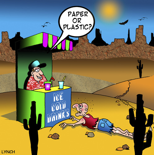 Cartoon: paper or plastic (medium) by toons tagged drinking,marooned,desert,lost,environmental