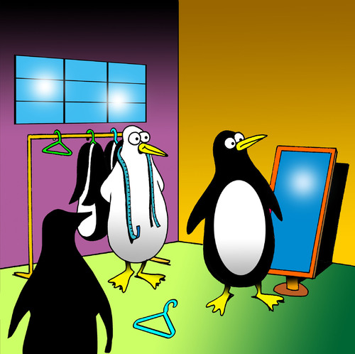 Cartoon: penguin suit fitting (medium) by toons tagged penguins,tailor,suit,clothes,fitting,animals,ready,made,suits,clothing,change,room,mirror
