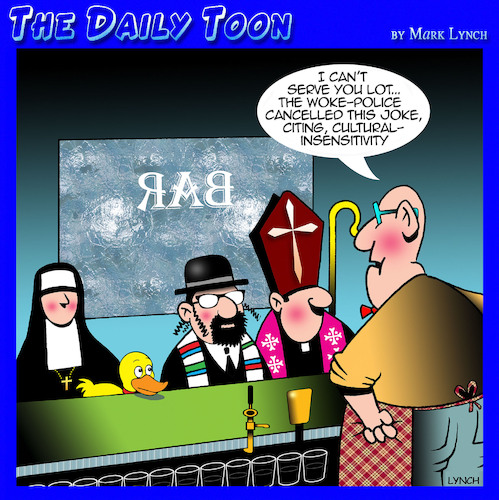 Cartoon: Politically correct (medium) by toons tagged woke,pc,police,walk,into,bar,rabbi,priest,nun,woke,pc,police,walk,into,bar,rabbi,priest,nun