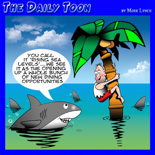 Cartoon: Rising sea levels (medium) by toons tagged sharks,cuisine,global,warming,sea,levels,melting,ice,caps,shark,attack,sharks,cuisine,global,warming,sea,levels,melting,ice,caps,shark,attack
