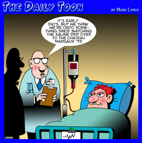 Cartoon: Saline drip (medium) by toons tagged wine,doctors,hospitals,medication,medical,science,breakthrough,shiraz,red,french,wine,doctors,hospitals,medication,medical,science,breakthrough,shiraz,red,french