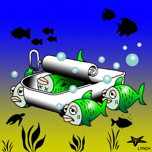 Cartoon: Sardine funeral (medium) by toons tagged fish,funeral,sardine,coffin,seafood,pallbearers,sardines,death,oceans,wake,tin,departed,fishy