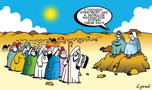 Cartoon: sat nav (medium) by toons tagged sat,nav,gps,navigation,compass,moses,ten,commandments,bible,jews,lost