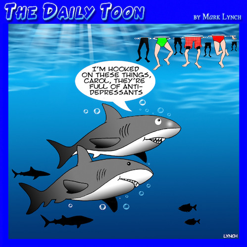 Cartoon: shark attacks (medium) by toons tagged addiction,prescription,drugs,anti,depressants,sharks,pharmacy,addiction,prescription,drugs,anti,depressants,sharks,pharmacy