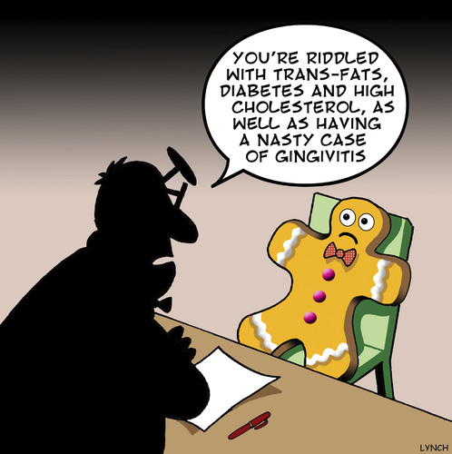 Cartoon: Sick Gingerbread man (medium) by toons tagged gingerbread,man,health,trans,fats,diabetes,obese,cholesterol,pastry,cakes,gingivitis,dentist,gingerbread,man,health,trans,fats,diabetes,obese,cholesterol,pastry,cakes,gingivitis,dentist