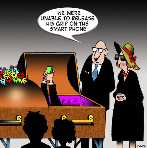 Cartoon: Smart phone (medium) by toons tagged funeral,smart,phone,coffin,vice,grip,death,social,media,facebook,addiction,funeral,smart,phone,coffin,vice,grip,death,social,media,facebook,addiction
