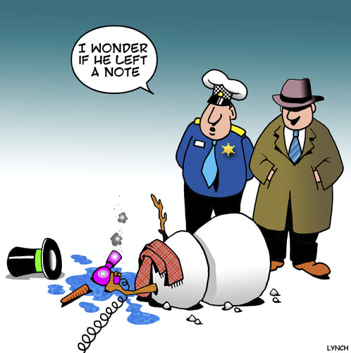 Cartoon: Snowman suicide (medium) by toons tagged snowman,hairdryer,suicide,police,detective,depression,note,snowman,hairdryer,suicide,police,detective,depression,note