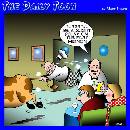 Cartoon: Steak (medium) by toons tagged filet,mignon,cows,cattle,restaurants,waiters,chefs,filet,mignon,cows,cattle,restaurants,waiters,chefs