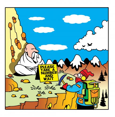 Cartoon: take a number (medium) by toons tagged mountain,climbing,queues,take,number,wise,man,guru