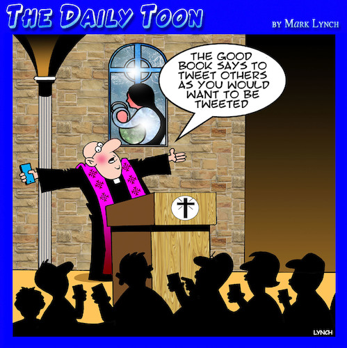 Cartoon: The good book (medium) by toons tagged tweeting,treating,others,social,media,online,presence,tweeting,treating,others,social,media,online,presence