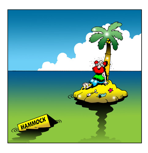 Cartoon: the hammock (medium) by toons tagged desert,island,hammock,bedding,stranded,marooned,cartoon,palm,trees,abandoned