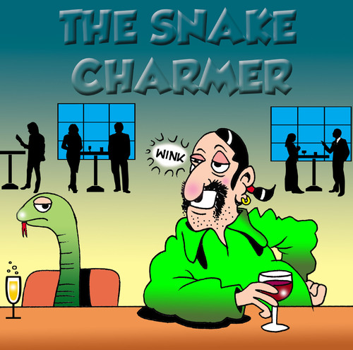 Cartoon: The snake charmer (medium) by toons tagged snake,charmer,bars,pubs,circus,romance,dating,animals,relationships,pick,up,lines,love,spiv,online