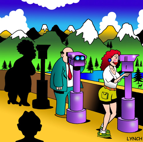 Cartoon: The view (medium) by toons tagged lookout,telescope,relationships,peeking,hikers,mountains,echo,point,husbands,love