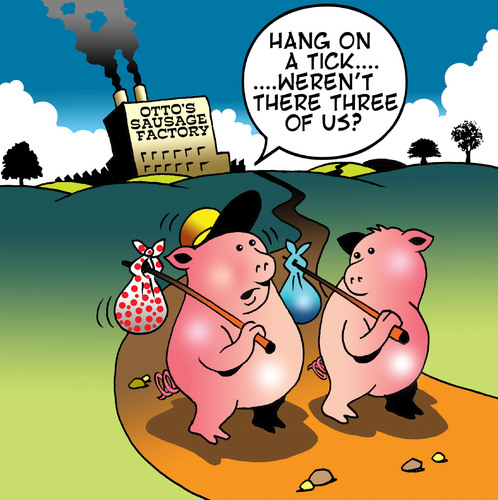 Cartoon: Three of us (medium) by toons tagged three,little,pigs,sausages,meat,swine,fairy,tales,vagabond,tramps,farm