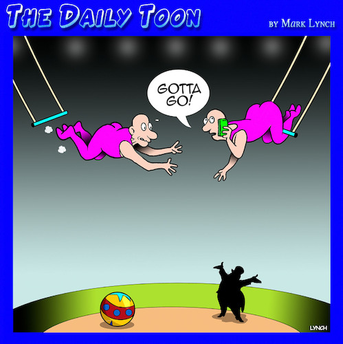 Cartoon: Trapeze artists (medium) by toons tagged busy,on,the,phone,circus,acts,aerialists,busy,on,the,phone,circus,acts,aerialists