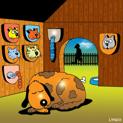 Cartoon: trophy room (medium) by toons tagged dogs,cats,trophy,hunting,room,animals,dog,house,felines,hounds