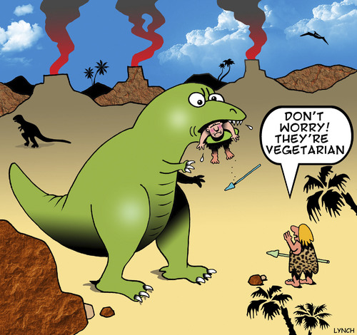 Cartoon: Vegetarian (medium) by toons tagged dinosaurs,vegetarian,vegan,caveman,prehistoric,hunting,dinosaurs,vegetarian,vegan,caveman,prehistoric,hunting