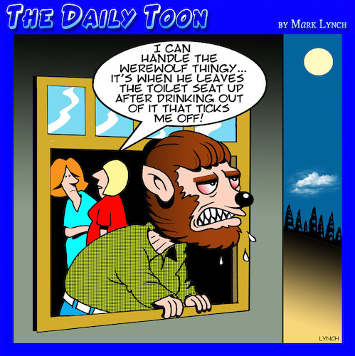 Cartoon: Werewolf (medium) by toons tagged myths,werewolf,toilet,seats,dogs,full,moon,myths,werewolf,toilet,seats,dogs,full,moon