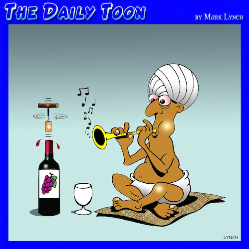 Cartoon: Wine corkscrew (medium) by toons tagged snake,charmer,corkscrew,flute,wine,turban,snake,charmer,corkscrew,flute,wine,turban