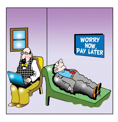 Cartoon: worry now pay later (medium) by toons tagged psychiatrist,buy,now,pay,later,psychiatry,medical,hospital,mental,disorder,shrink,money,health,psyco