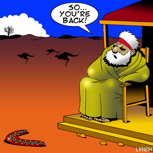 Cartoon: you are back (medium) by toons tagged boomerang,australia,aborigine,outback,returns,indigineous,native,aged,care,old,age,weapons,desert,kangaroos