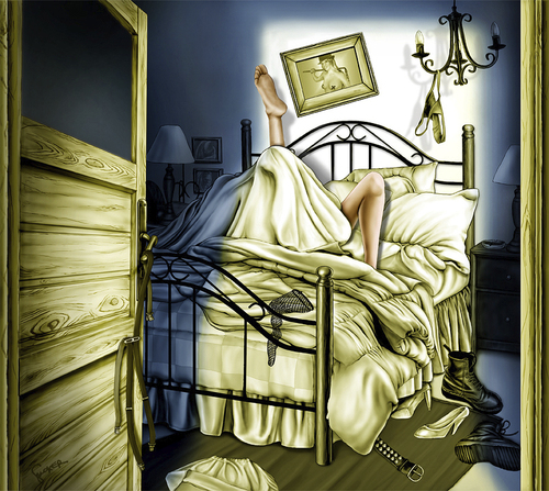 Cartoon: On the Job (medium) by toonsucker tagged liebe,love,night,room,bed,schlafzimmer,winter,nacht