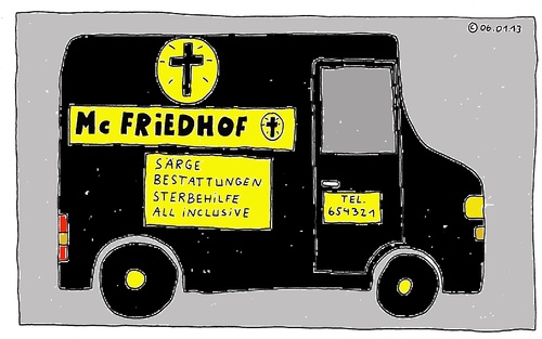 Cartoon: Mc Friedhof (medium) by Müller tagged mcfriedhof,bestattung,sarg,sterbehilfe,allinclusive