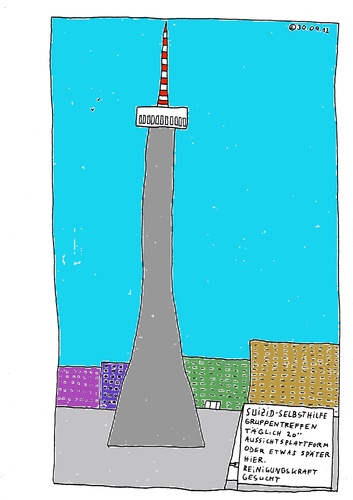 Cartoon: Suizid-Selbsthilfe (medium) by Müller tagged suizid,selbsthilfe,selbsthilfegruppe,aussichtsplattform,turm