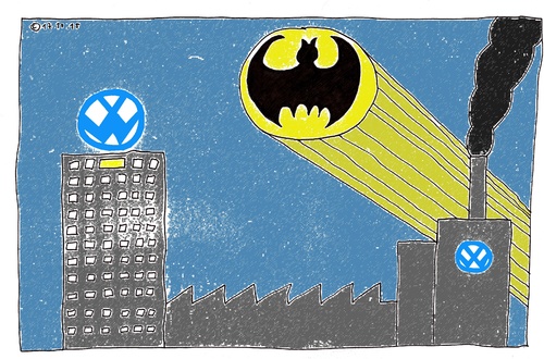 Cartoon: WOBHAM CITY (medium) by Müller tagged vw,volkswagen,wobham,wolfsburg,batsignal,abgas,exhaust,betrug,nox,diesel
