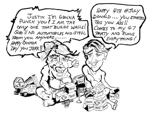 Cartoon: Happy Canada Day and 4TH of July (medium) by Toonstalk tagged trump,trudeau,usa,canada,tariffs,tradewar,canadaday,4thofjuly,neighbors,friends,nafta