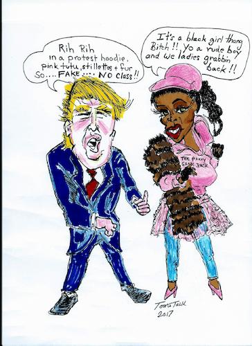 Cartoon: Rihanna grabbing Trump back (medium) by Toonstalk tagged rihanna,donald,trump,protest,womans,march,pussygrabbing,rights,freedom,prochoice,solidarity,history,populism