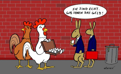 Cartoon: Eierhandel (medium) by tiefenbewohner tagged ostern,eier,vogelgrippe,knappheit,hasen,hühner,hahn,dealer,easter,eggs,bird,flu,shortage,inflation,rabbit,chicken,rooster