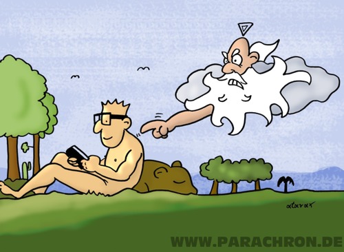 Cartoon: Erschaffung revisited (medium) by tiefenbewohner tagged erschaffung,adam,michelangelo,schöpfung,gott,medien,tablet,paradies