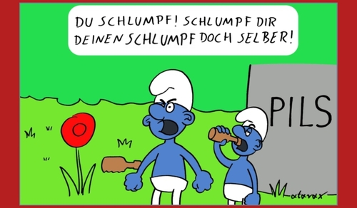 Cartoon: schlumpfende Schlumpfe Schlumpf! (medium) by tiefenbewohner tagged schlumpf,schlumpfen,schlümpfe,blau,smartphone,app,wald,handy,übersetzung,wörterbuch,bier