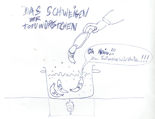 Cartoon: Das Schweigen der Tofuwürstchen (medium) by prinzparadox tagged tofu,tofuwürstchen,würstchen,wurst,fleisch,vegetarismus,vegetarier,veganismus,veganer,carnivore,kochen,darm