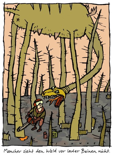 Cartoon: Begegnung (medium) by schwoe tagged wald,waldsterben,holz,holzfäller,motorsäge