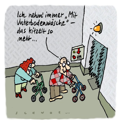 Cartoon: Carwash (medium) by schwoe tagged carwash,waschstraße,wagenwäsche,rollator,gehhilfe,lust,sauberkeit