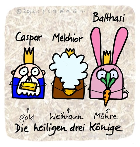 Cartoon: Hasi 92 (medium) by schwoe tagged hasi,hase,weihnachten,dreikönige,christkind,gold,weihrauch