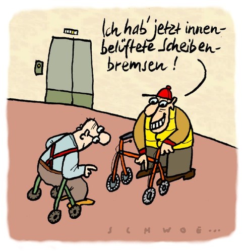 Cartoon: Scheibenbremsen (medium) by schwoe tagged rollator,gehhilfe,senior,alter,gerontologie,sportwagen,angeber,altersheim,seniorenstift