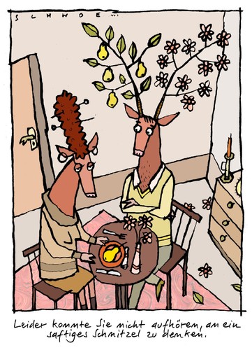 Cartoon: Schnitzel (medium) by schwoe tagged schnitzel,vegetarier,traum,kochen,kochkunst,hirsch,birne