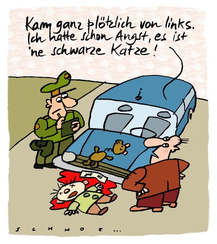 Cartoon: Schwarze Katze von links (medium) by schwoe tagged aberglaube,unfall,auto,katze,kind