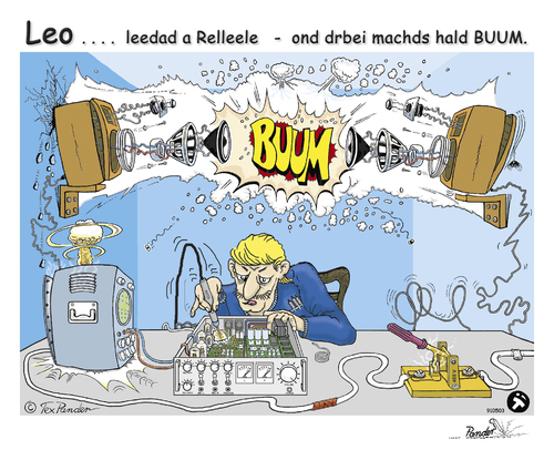 Cartoon: Leo . . . . BUUM (medium) by TOSKIO-SCHWAEBISCH tagged soundexplosion,lötkolben,reparatur,hifi,elektronikreparatur,leeda,relleele,schwääbischs,schwaebisches,schwäbisches,löten,buum,leo,pander,tex,cartoon,vtms,toskio,boxen,explodieren