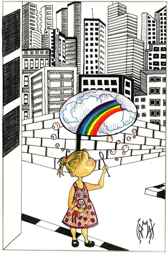 Cartoon: CHILDHOOD DREAMS (medium) by majezik tagged child,metropol,city,rainbow