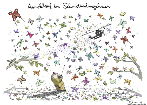 Cartoon: Amoklauf im Schmetterlingshaus (medium) by H Mercker tagged schmetterlinge,amoklauf,tiere,jugend,wut,kind,helicopter,hubschrauber,tiergarten,zoo,schmetterlinge,amoklauf,tiere,jugend,wut,kind,helicopter,hubschrauber,tiergarten,zoo