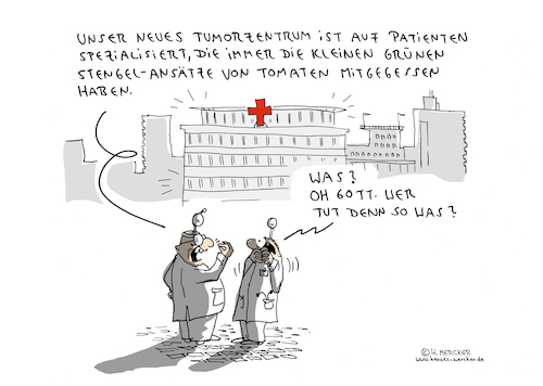 Cartoon: Klein und grün (medium) by H Mercker tagged tumorzentrum,krankheit,tomate,stengel,grün,gesundheit,klinik,krankenhaus,tumorzentrum,krankheit,tomate,stengel,grün,gesundheit,klinik,krankenhaus