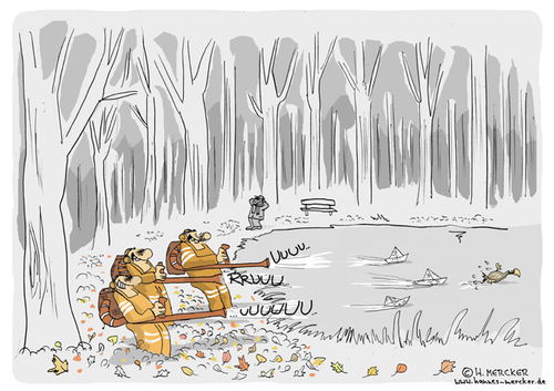 Cartoon: Stillleben im Herbst (medium) by H Mercker tagged wind,stadt,see,schwimmen,schiffchen,reinigung,motor,lärm,laut,laubsauger,laubpuster,laubbläser,laub,jahreszeit,idyllisch,idylle,herbst,geräusch,gebläse,ente,blätter,blatt,blasen