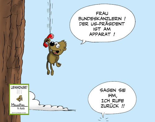 Cartoon: Das rote Telefon (medium) by Mangkor tagged lemminge,usa,trump,prasident,donald,merkel,bundeskanzlerincartoon,humor,tierwelt