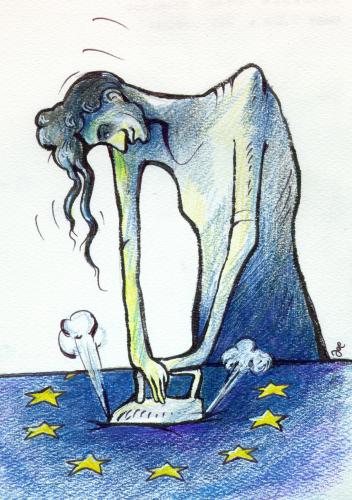 Cartoon: blue period (medium) by bekesijoe tagged woman,eu,frau,hausfrau,bügeleisen,bügeln,hausarbeit,eu,europa,flagge,gemeinschaft,zusammenhalt,blau,rechte,frauenrechte,emanzipation,geschlechter,macht,abhängigkeit,rolle,frauenbild,image